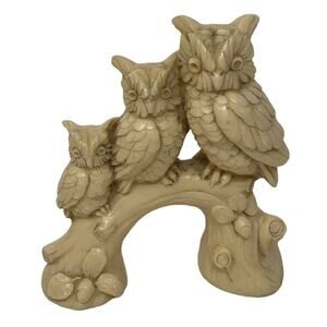 Santini Three Owls Family Bird Figurine Alabaster or Resin Branch Made in Italy